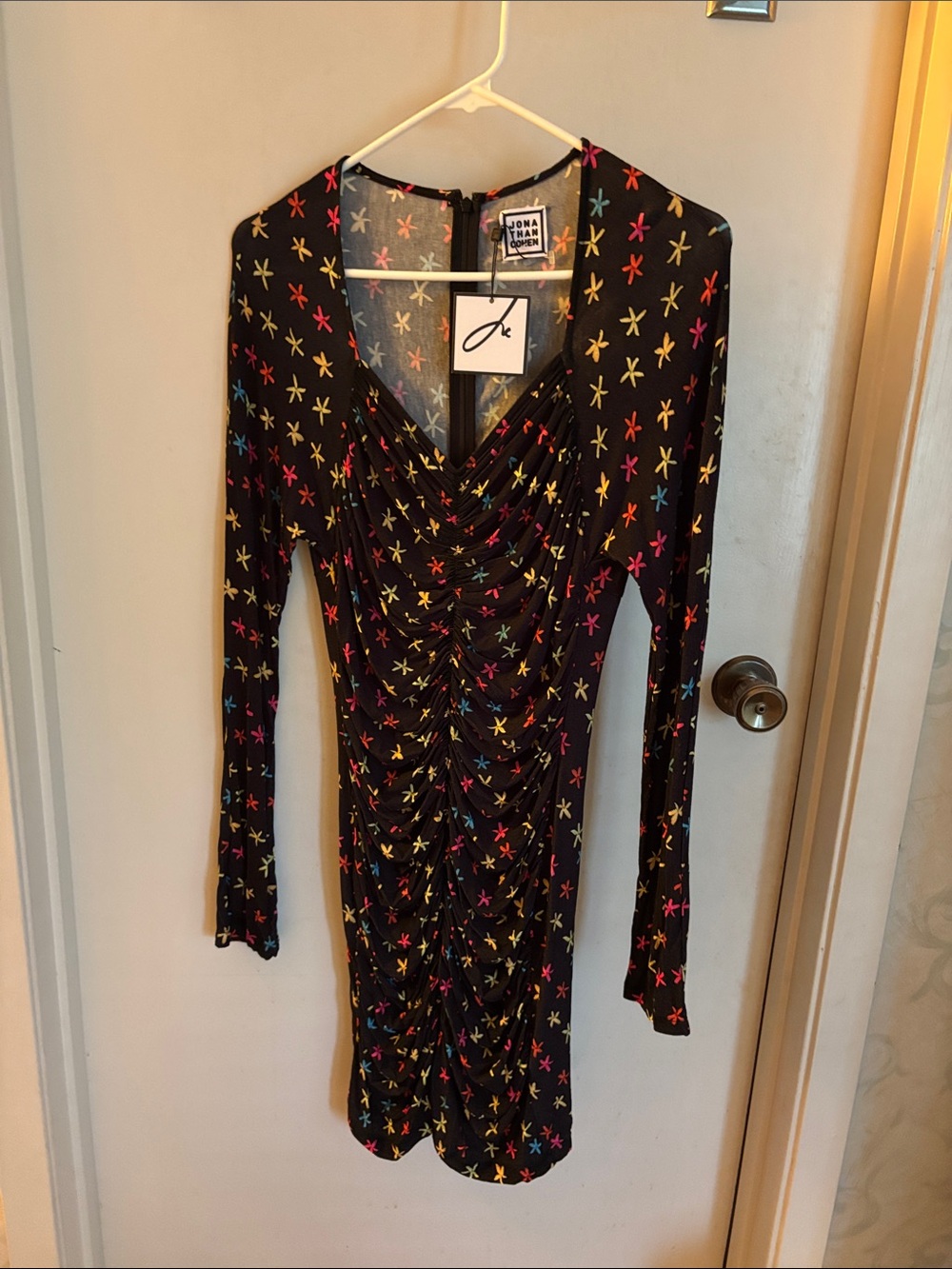 Jonathan Cohen Black Long-Sleeve Star-Print Ruched Dress